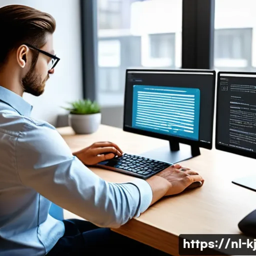 개발자 도구 활용법  웹사이트 문제 해결하기 - **Prompt:** A focused web developer, wearing a smart casual outfit, seated at a modern desk with a l...