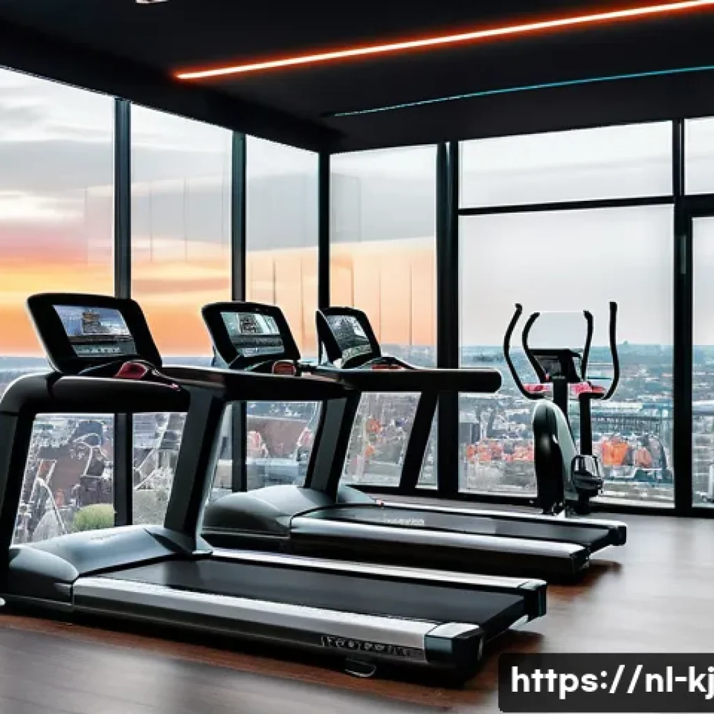 웹 기술을 이용한 피트니스 관리 앱 개발 - A modern Dutch smart fitness studio interior featuring sleek, high-tech workout equipment integrated...