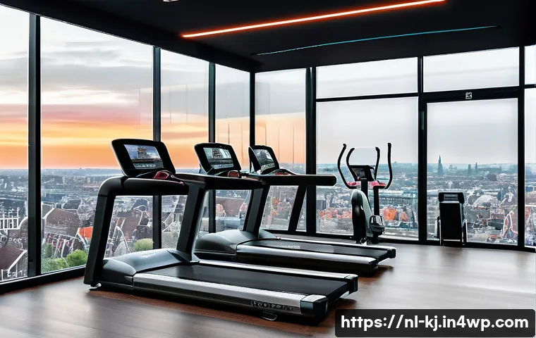 웹 기술을 이용한 피트니스 관리 앱 개발 - A modern Dutch smart fitness studio interior featuring sleek, high-tech workout equipment integrated...