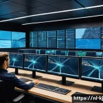 API 연동을 통한 기능 확장의 실제 사례 - A modern logistics control room with multiple large screens displaying real-time delivery maps, GPS ...