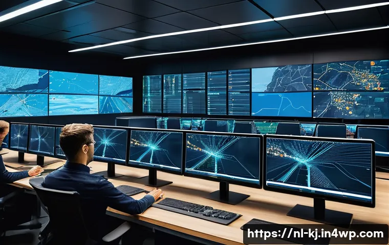 API 연동을 통한 기능 확장의 실제 사례 - A modern logistics control room with multiple large screens displaying real-time delivery maps, GPS ...