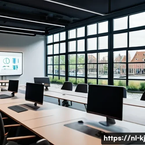 컴포넌트 기반 개발의 실용적 접근 - A modern software development team in a sleek, spacious Dutch office collaborating on a large touchs...