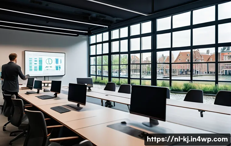 컴포넌트 기반 개발의 실용적 접근 - A modern software development team in a sleek, spacious Dutch office collaborating on a large touchs...