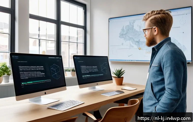 디자인 시스템 구축을 위한 웹 기술 활용 - A modern web development workspace scene featuring a Dutch designer and developer collaborating on a...