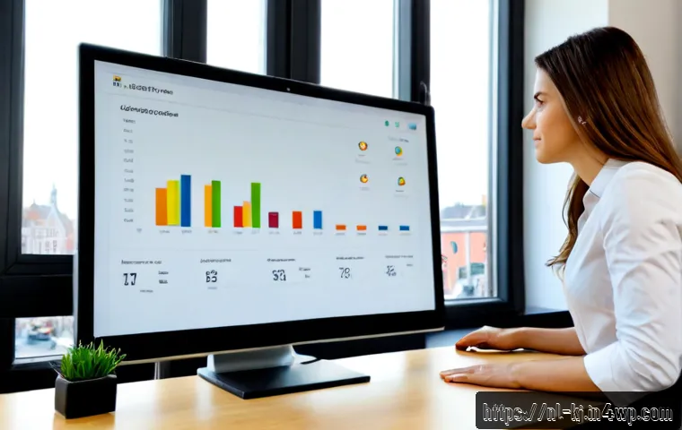 Home 30 웹 기반 분석 도구를 활용한 데이터 인사이트 확보 - Photorealistic modern Dutch office, an analyst viewing a clean web-based data dashboard on a large d...